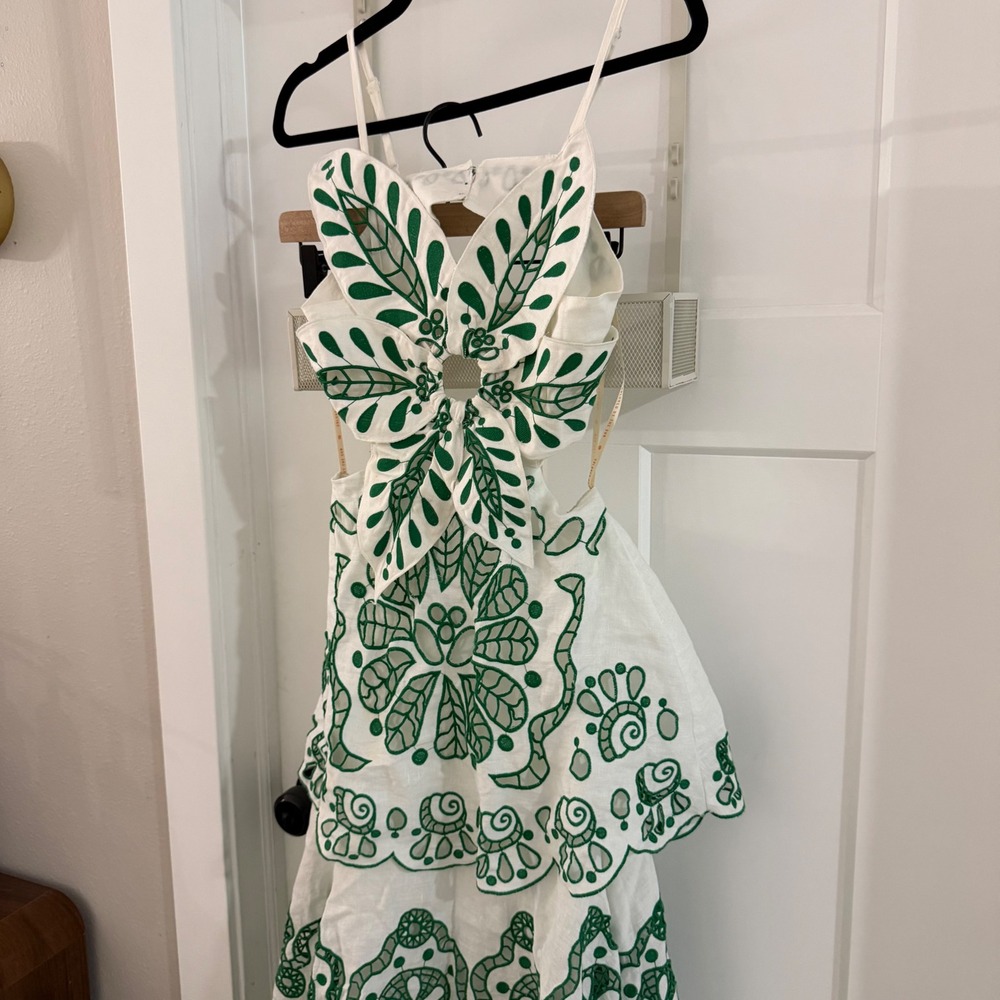 FARM Rio Flower Richelieu Linen Midi Dress Green White Cutout Tiered XS Boho - Picture 2 of 12